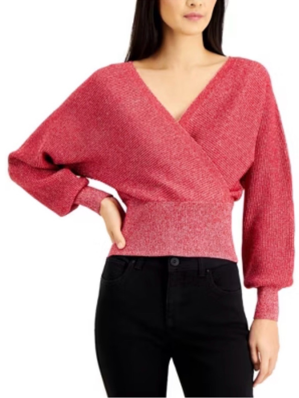 Women's red with silver threads shimmery Wrap-Style Sweater size S